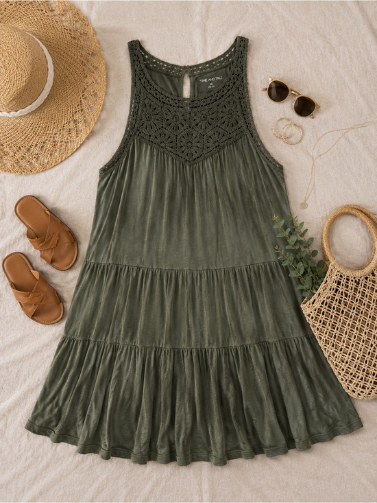 Time and Tru Dresses & Skirts - Boho Olive Green Tiered Midi Dress XL Crochet Babydoll Sleeveless